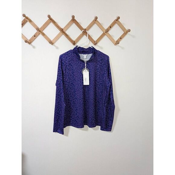 Lady Hagen Printed Bright Purple Leopard Print Quarter Zip Pullover Top - Size L - Picture 1 of 6
